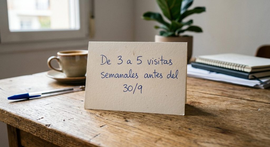 Tarjeta con un objetivo escrito a mano: de 3 a 5 visitas semanales antes del 30 de septiembre